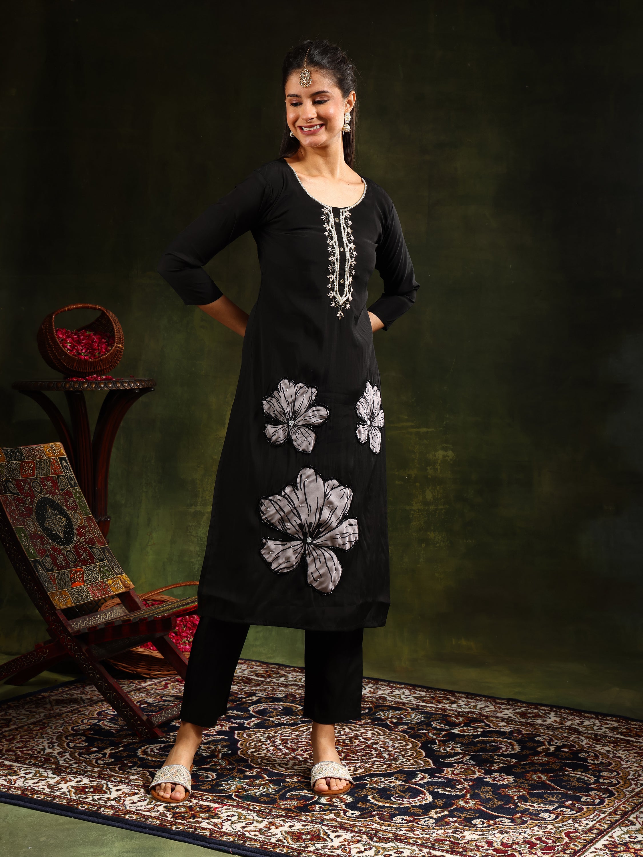 Hand Embroidered kurta with pant & printed Dupatta