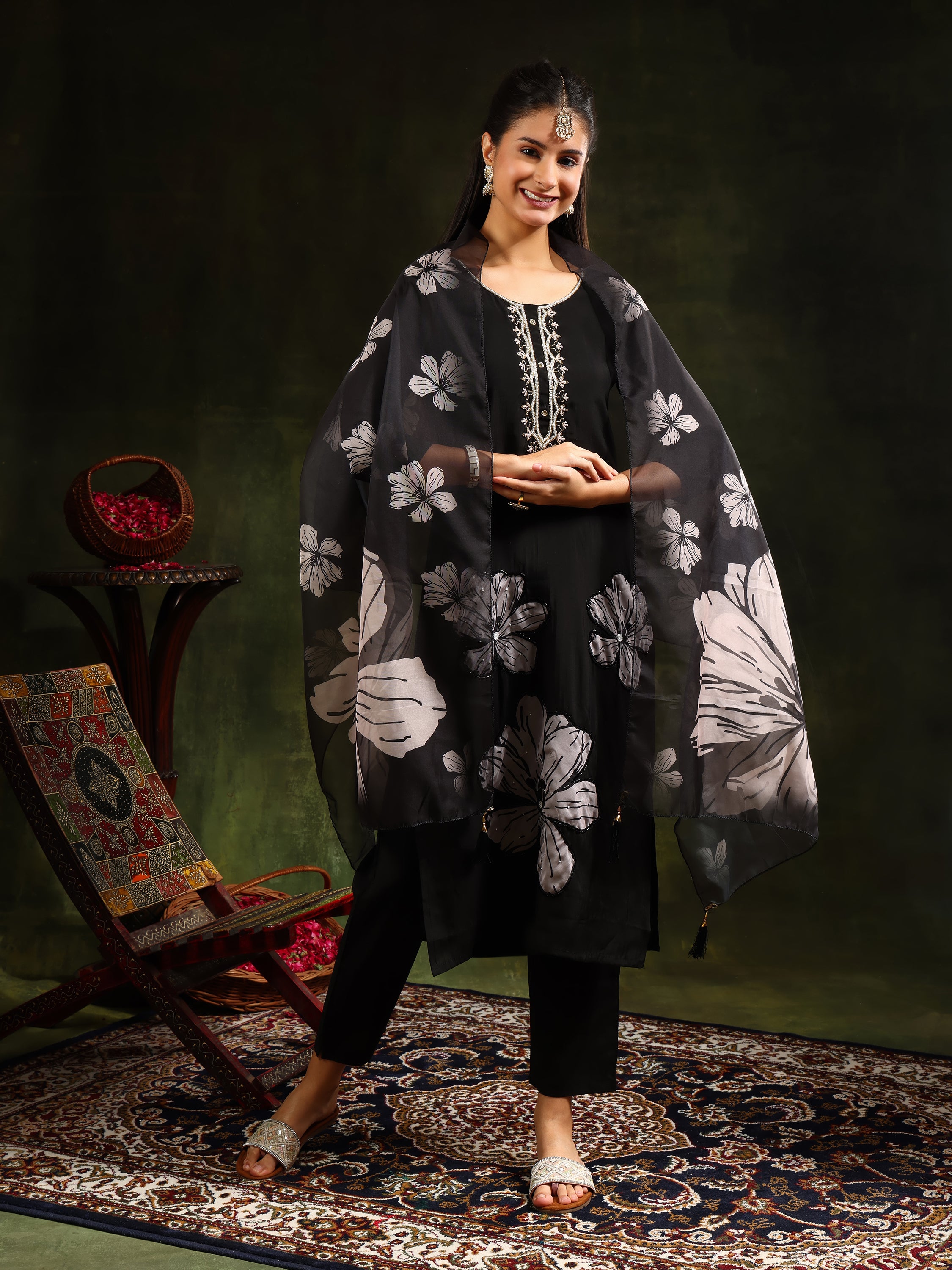 Hand Embroidered kurta with pant & printed Dupatta