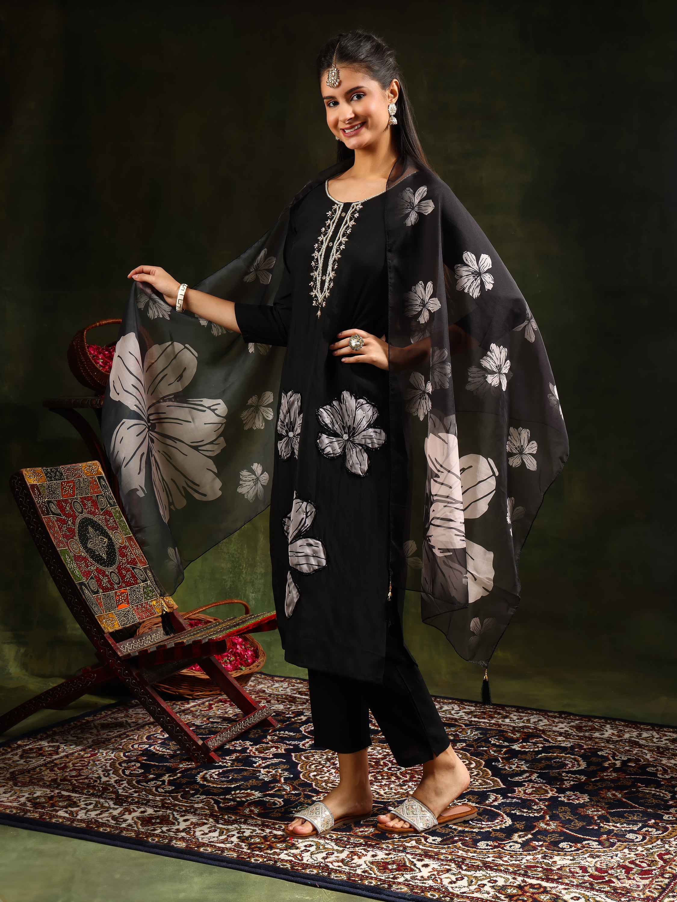 Hand Embroidered kurta with pant & printed Dupatta