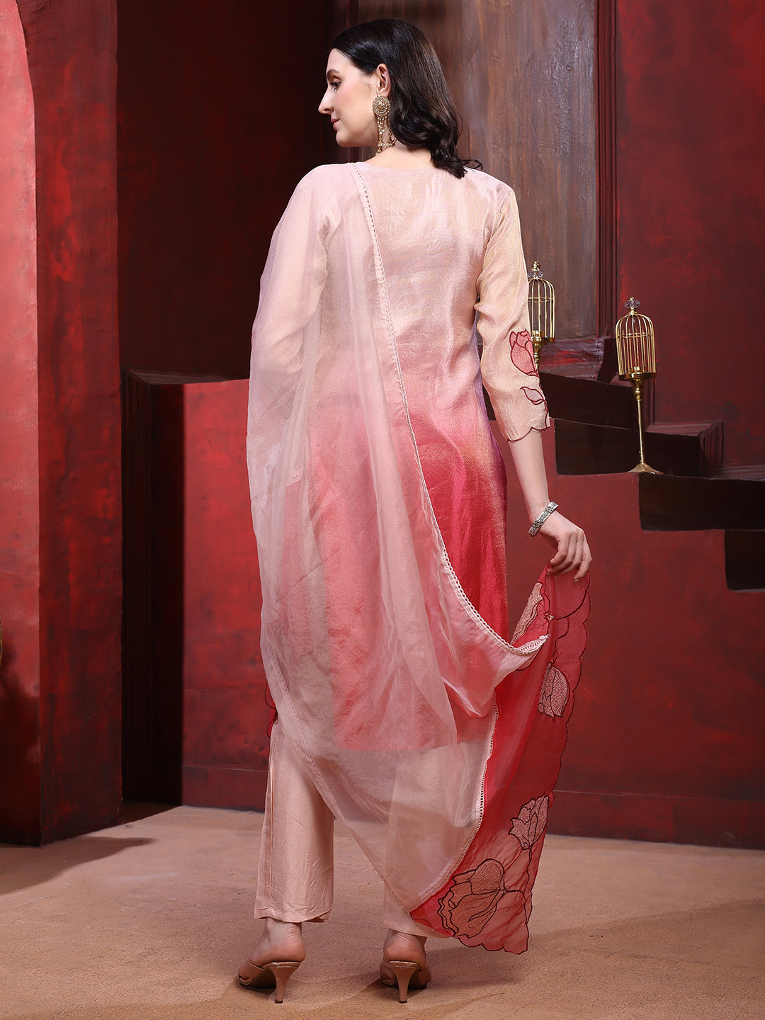 Hand & Pacement Floral Embroidered Kurta with Pant & Embroidered Dupatta
