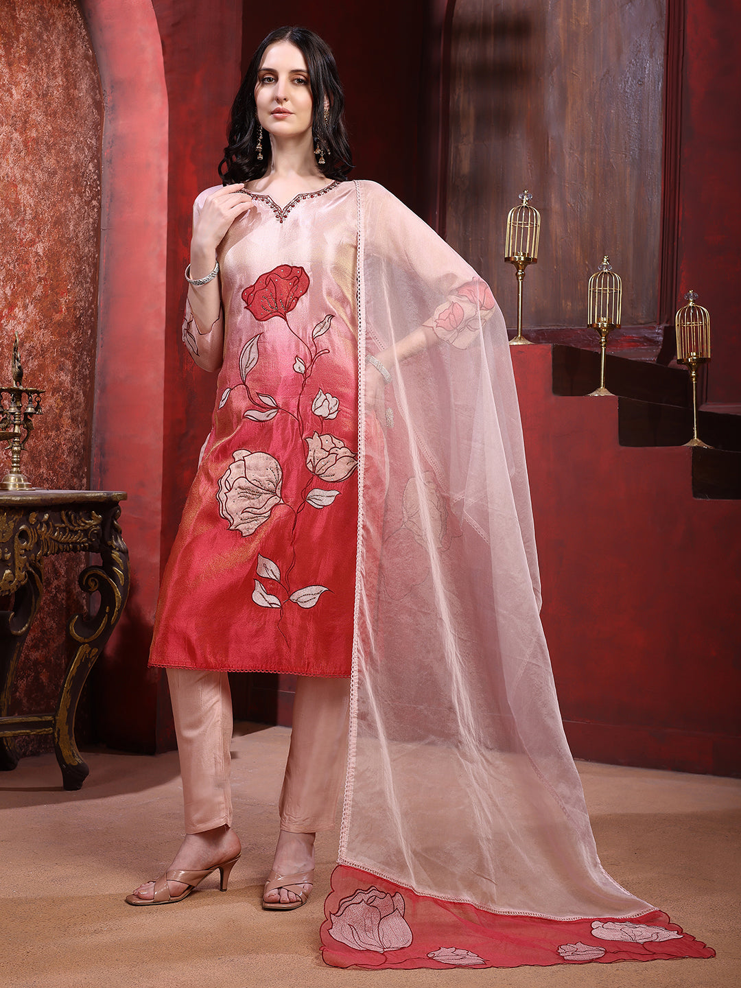 Hand & Pacement Floral Embroidered Kurta with Pant & Embroidered Dupatta