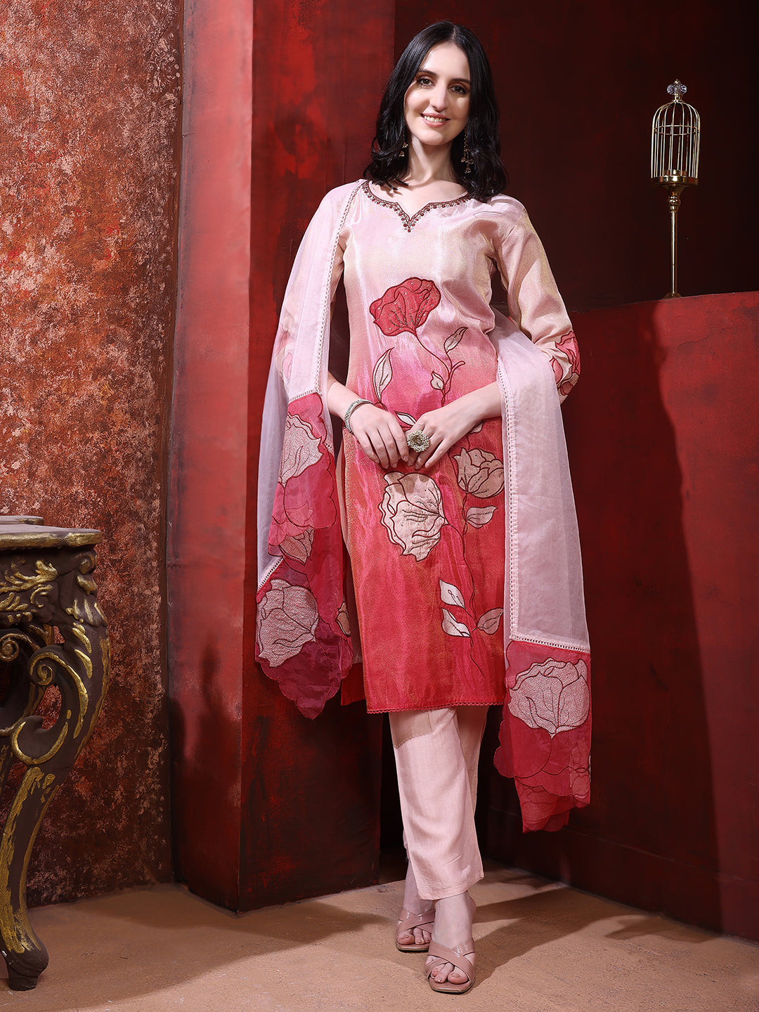 Hand & Pacement Floral Embroidered Kurta with Pant & Embroidered Dupatta