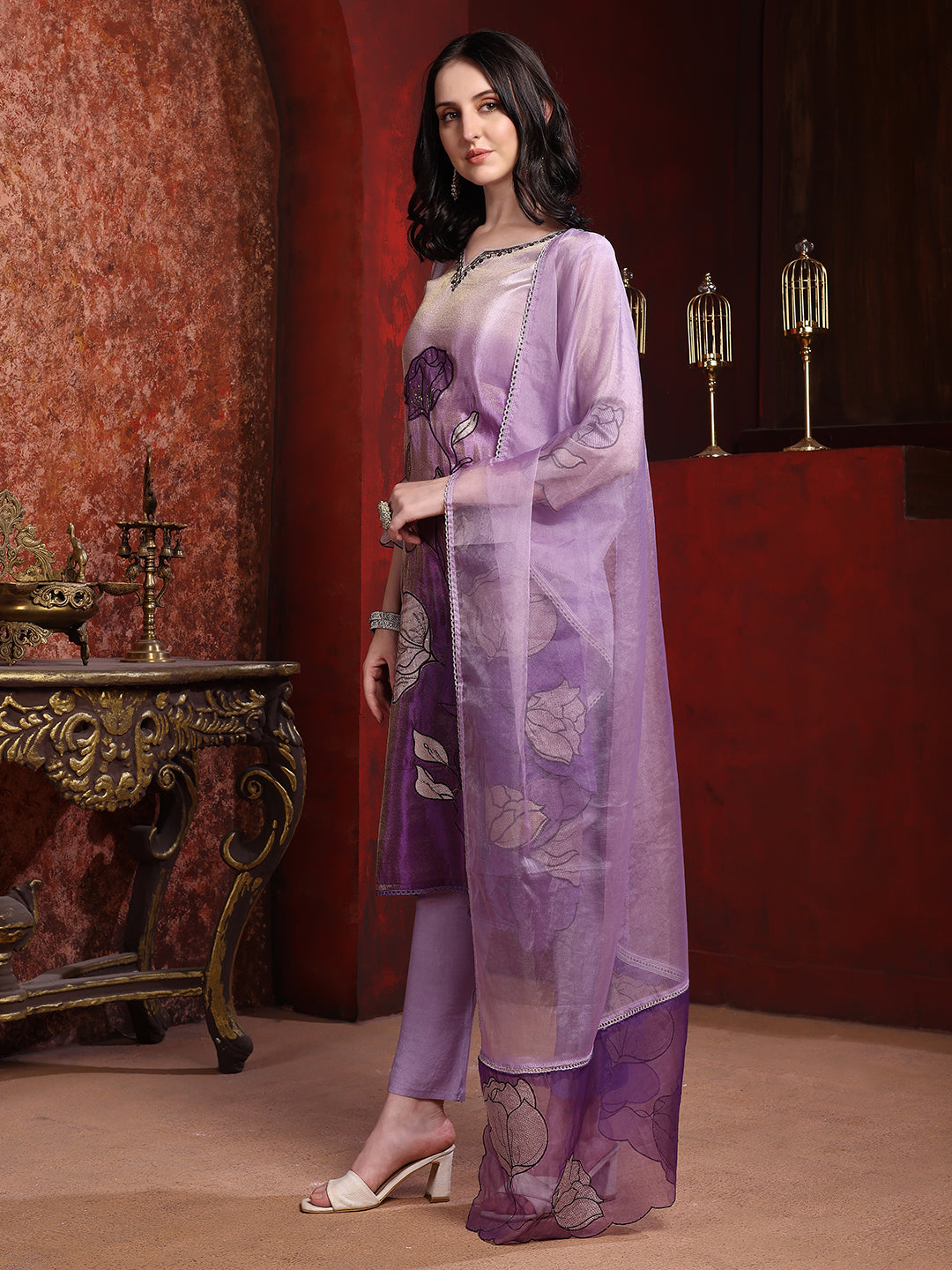 Hand & Pacement Floral Embroidered Kurta with Pant & Embroidered Dupatta
