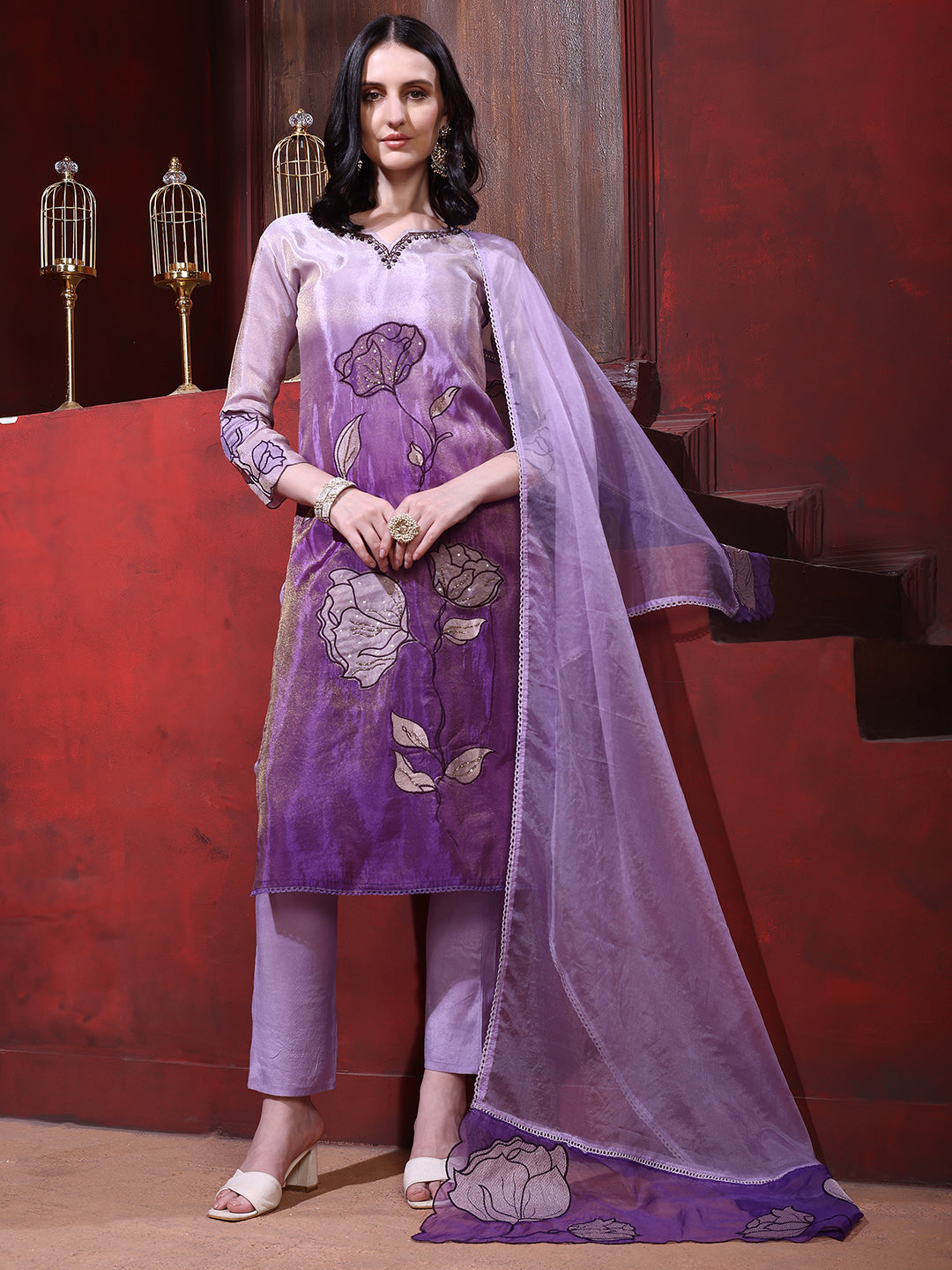 Hand & Pacement Floral Embroidered Kurta with Pant & Embroidered Dupatta