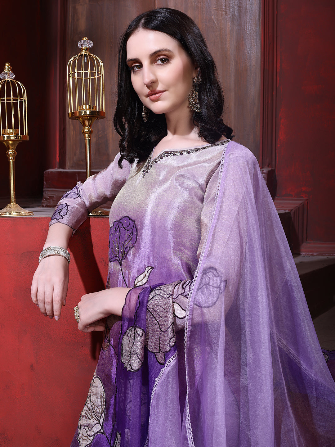 Hand & Pacement Floral Embroidered Kurta with Pant & Embroidered Dupatta