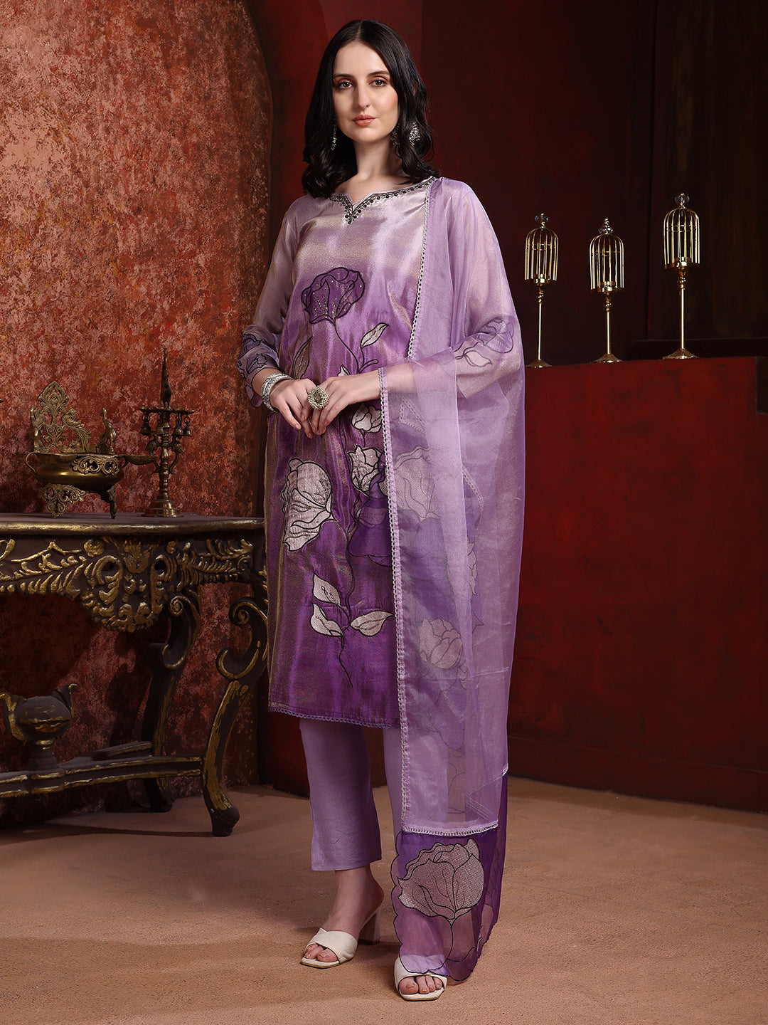 Hand & Pacement Floral Embroidered Kurta with Pant & Embroidered Dupatta