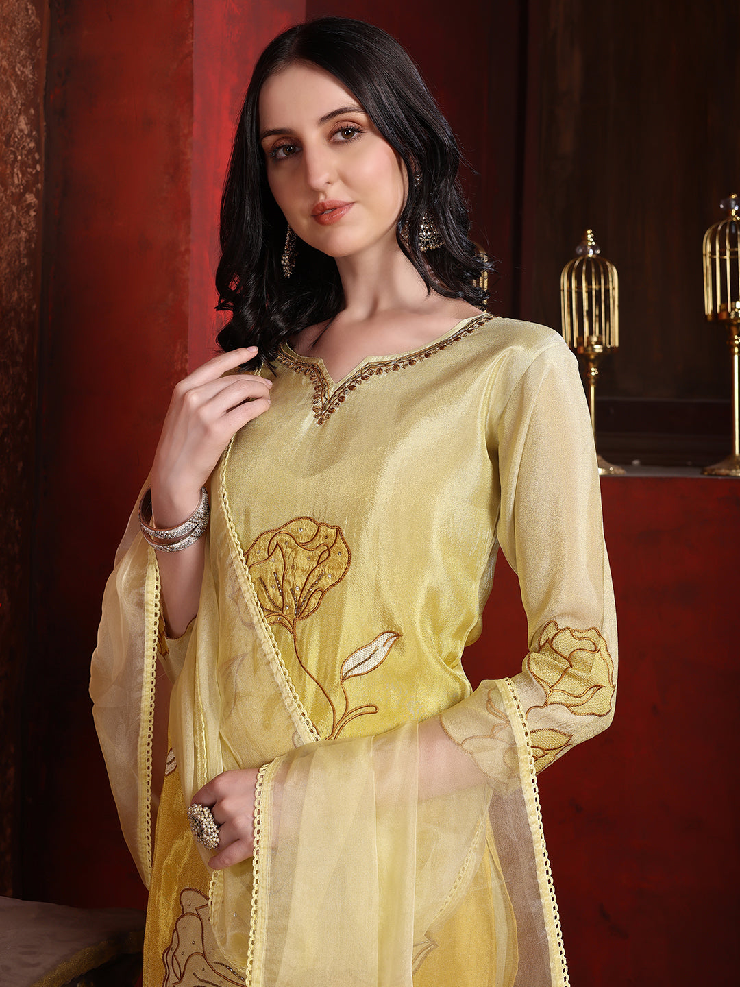 Hand & Pacement Floral Embroidered Kurta with Pant & Embroidered Dupatta