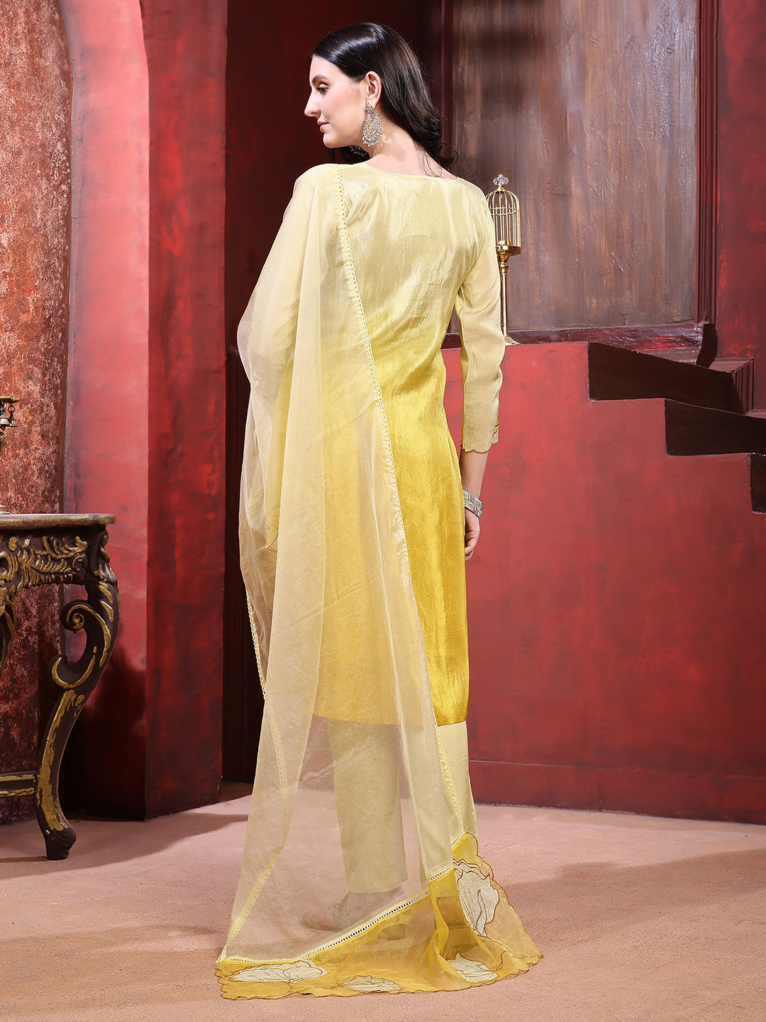 Hand & Pacement Floral Embroidered Kurta with Pant & Embroidered Dupatta