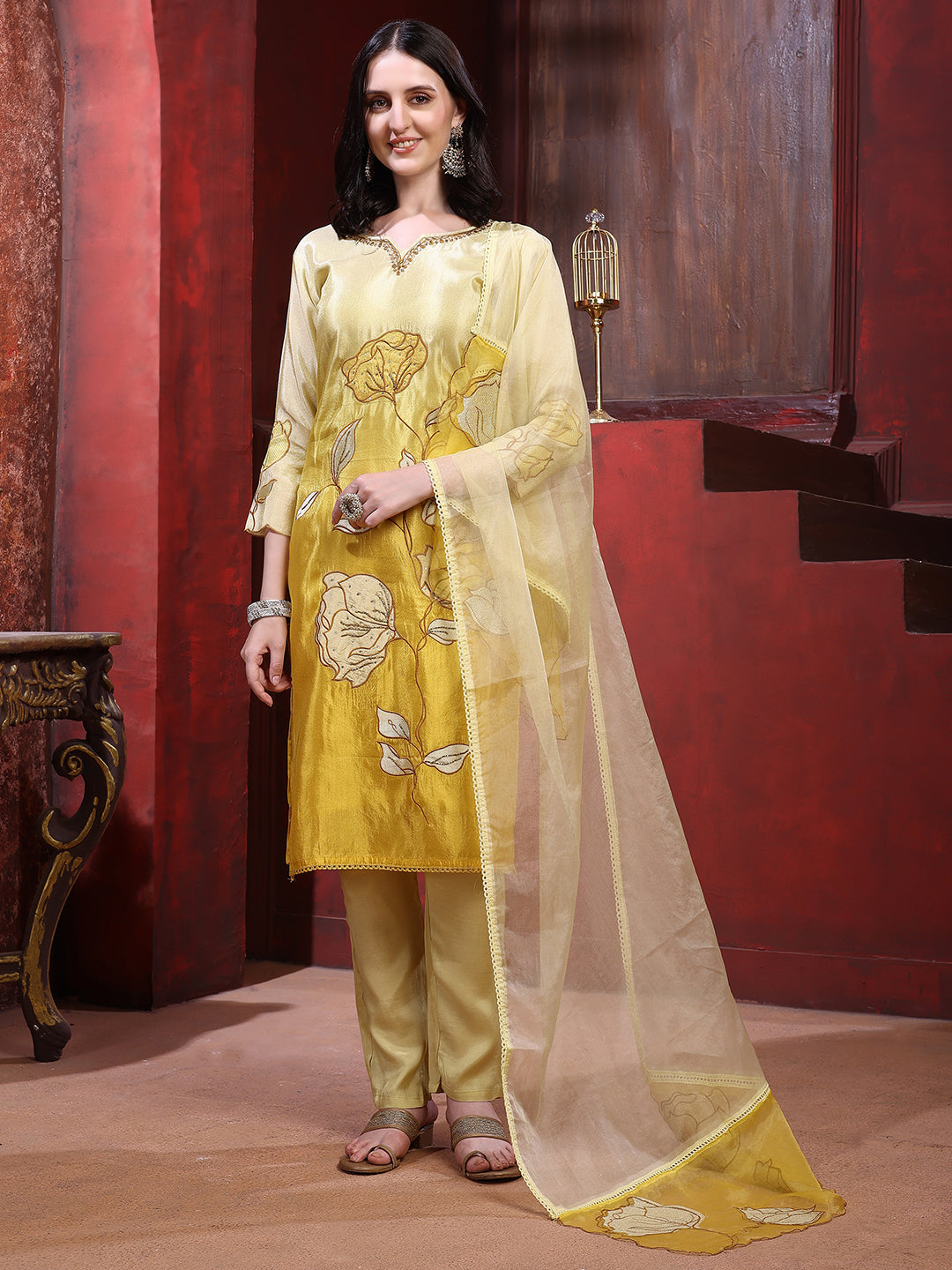 Hand & Pacement Floral Embroidered Kurta with Pant & Embroidered Dupatta