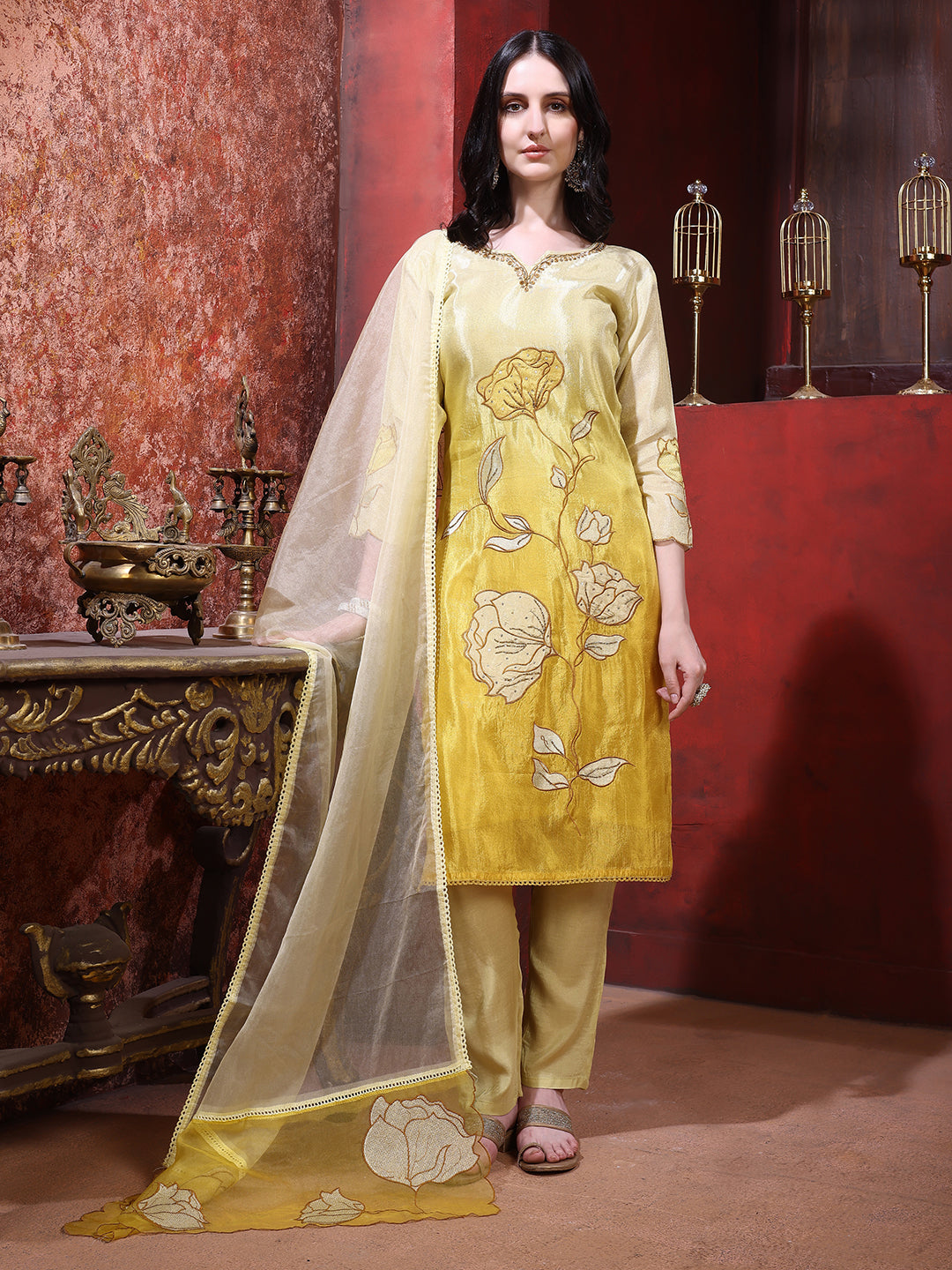 Hand & Pacement Floral Embroidered Kurta with Pant & Embroidered Dupatta