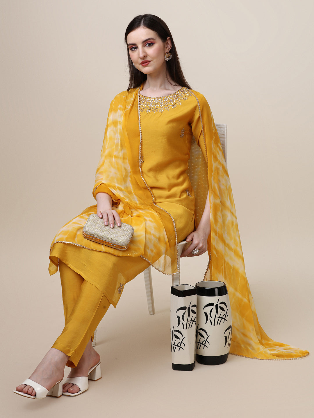 Hand Embroidered Kurta with Pant and Dupatta Set