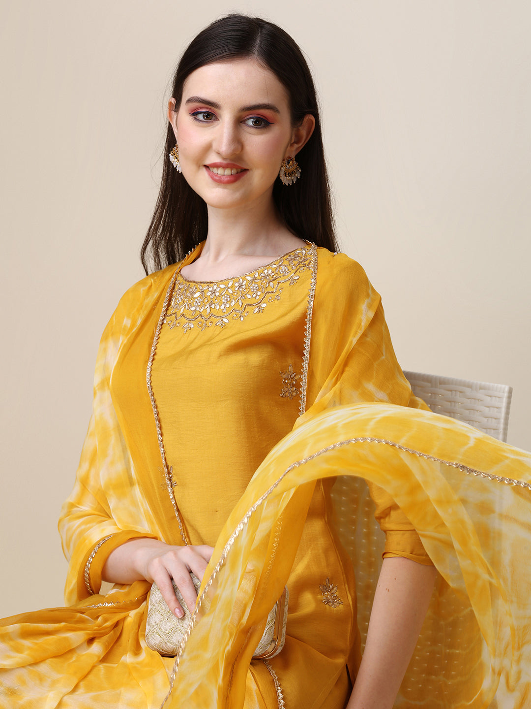 Hand Embroidered Kurta with Pant and Dupatta Set