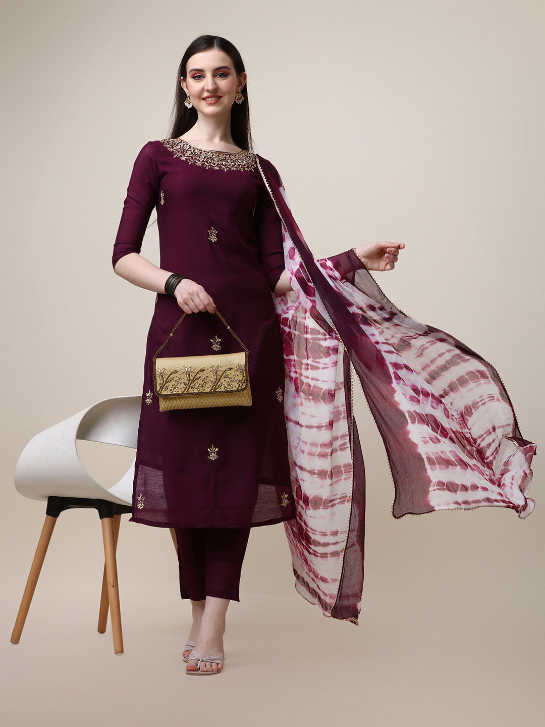 Neck Embroidered Kurta with Pant and Dupatta Set