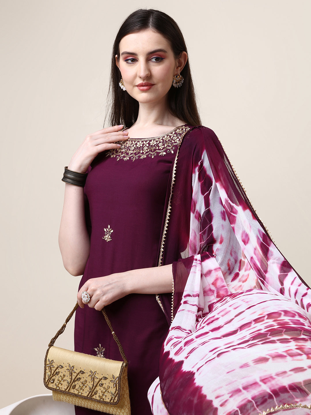 Neck Embroidered Kurta with Pant and Dupatta Set