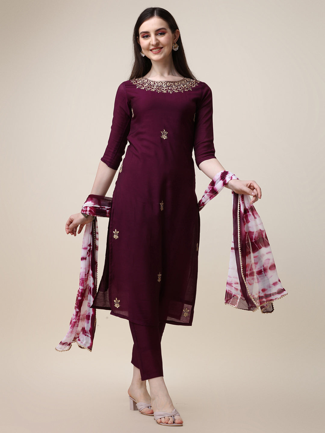 Hand Embroidered Kurta with Pant and Dupatta Set