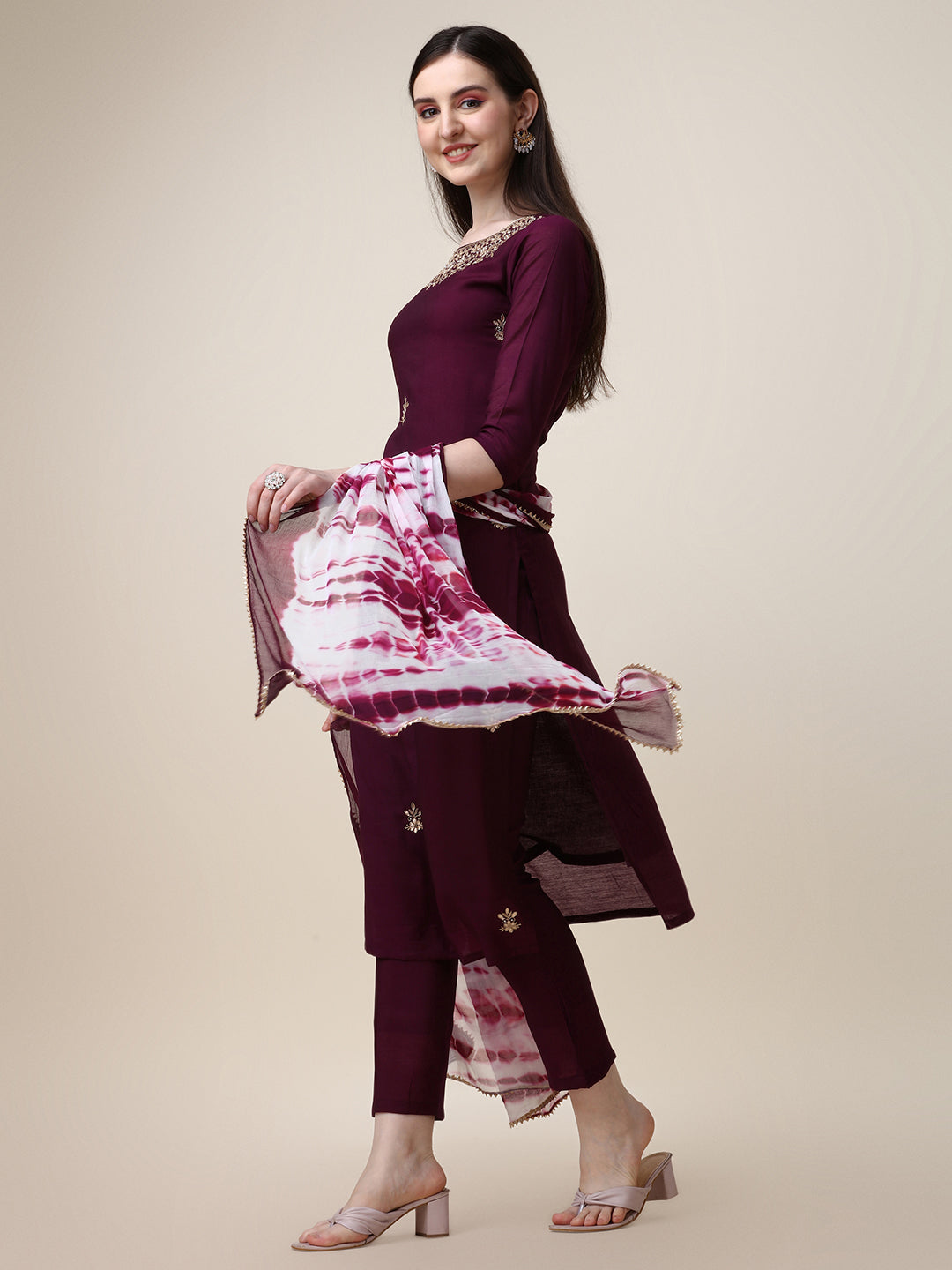 Hand Embroidered Kurta with Pant and Dupatta Set