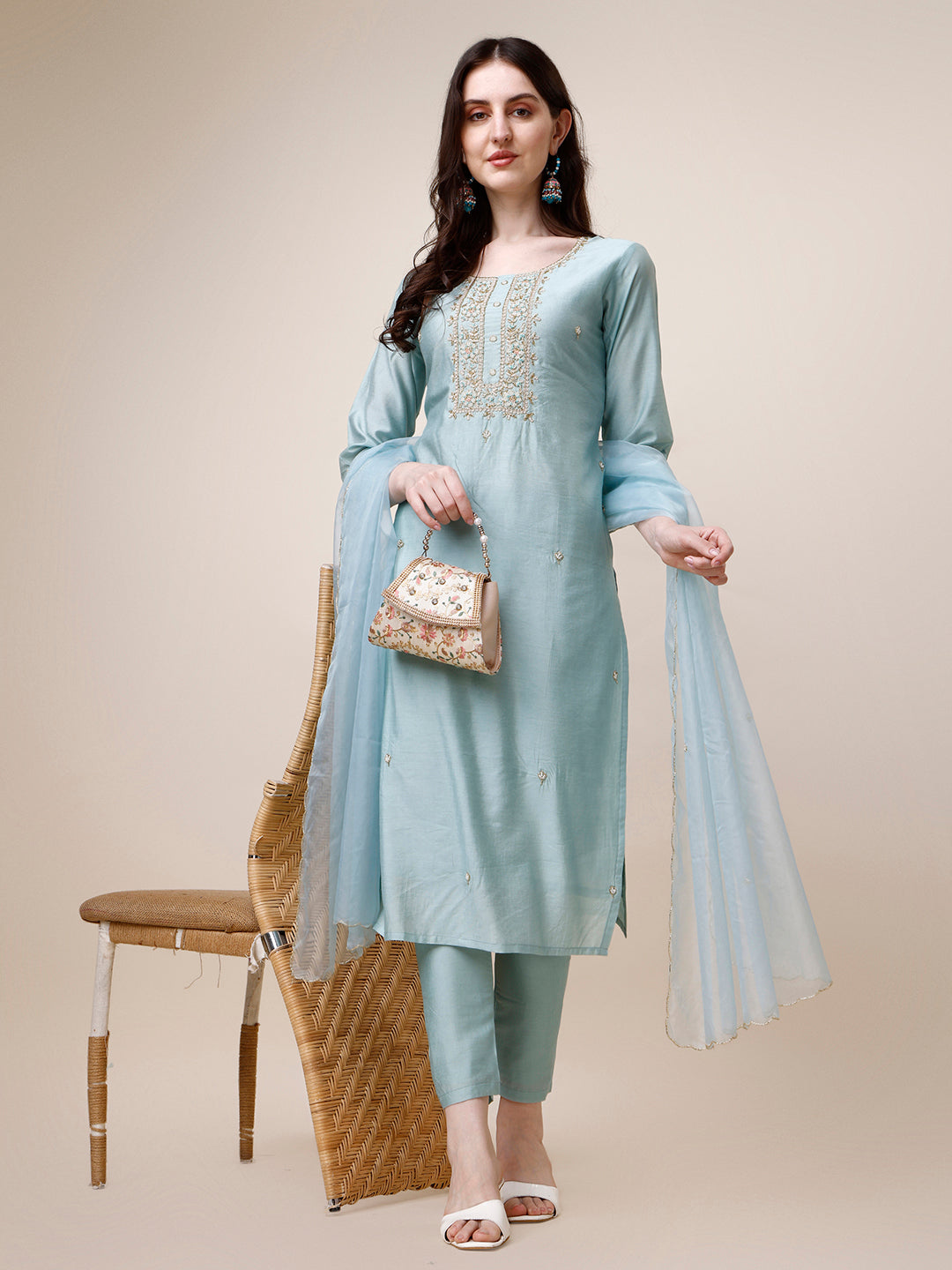 Hand Embroidered Kurta with Pant and Dupatta Set