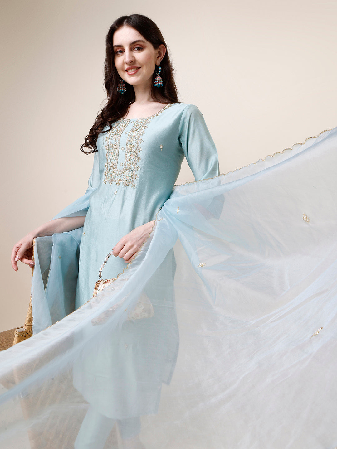 Hand Embroidered Kurta with Pant and Dupatta Set