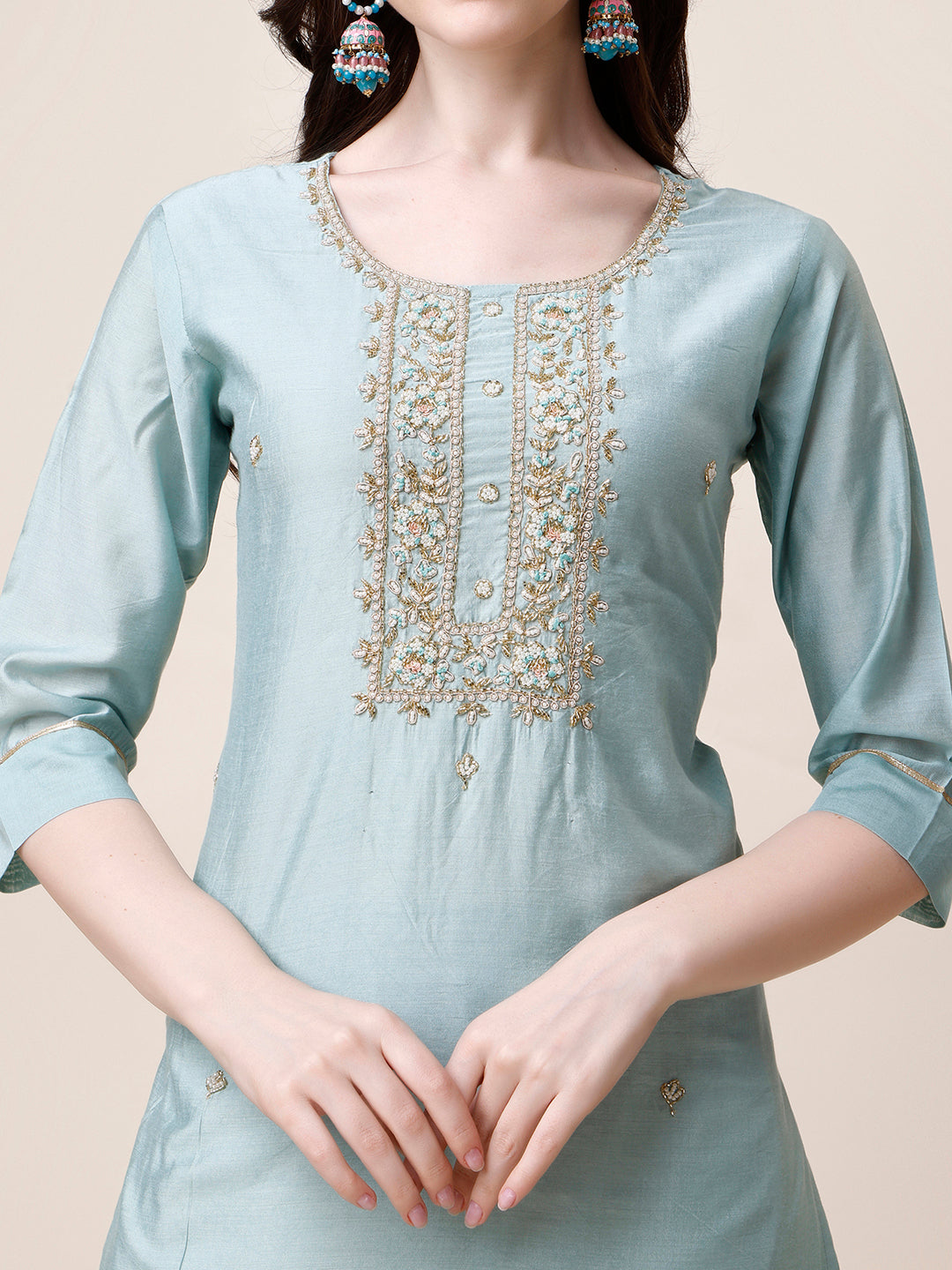 Hand Embroidered Kurta with Pant and Dupatta Set