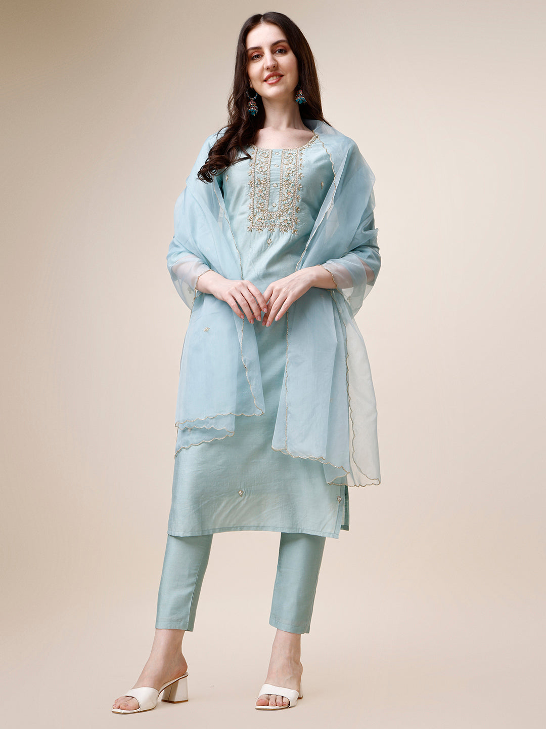 Hand Embroidered Kurta with Pant and Dupatta Set