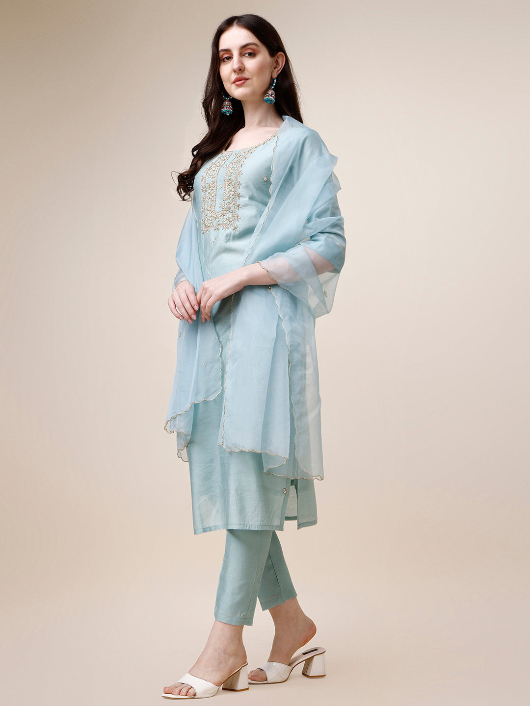 Hand Embroidered Kurta with Pant and Dupatta Set