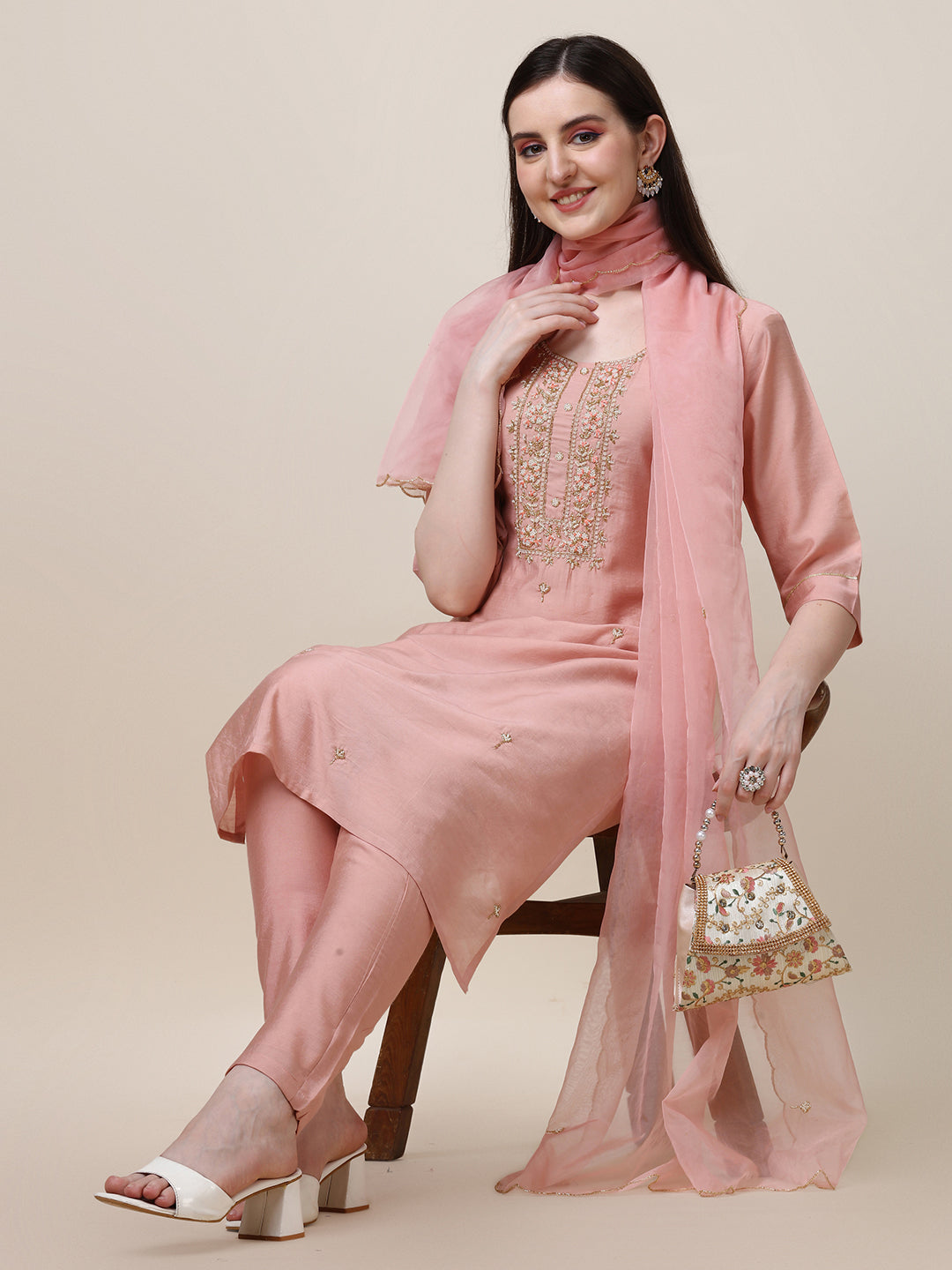 Hand Embroidered Kurta with Pant and Dupatta Set