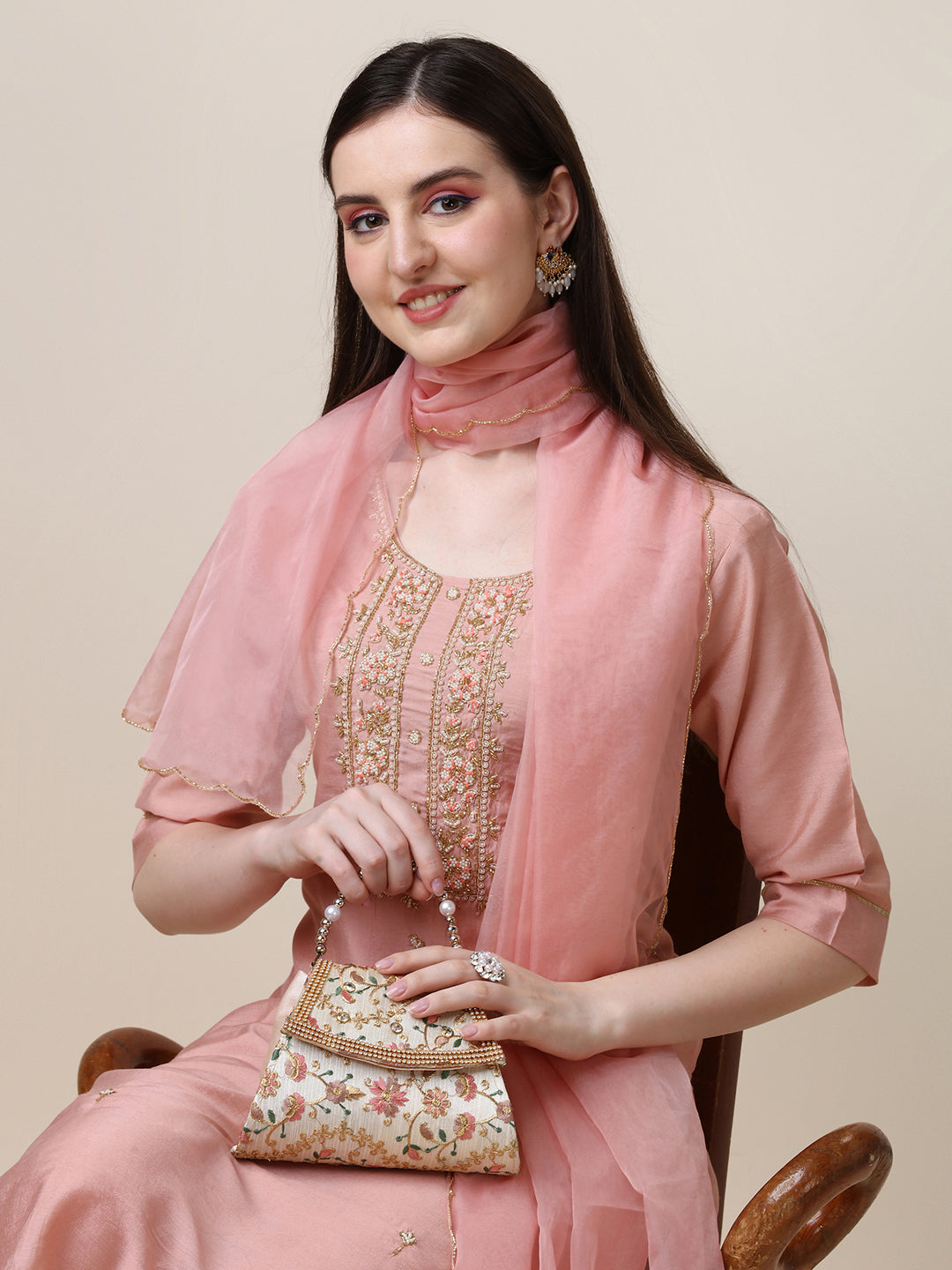 Hand Embroidered Kurta with Pant and Dupatta Set