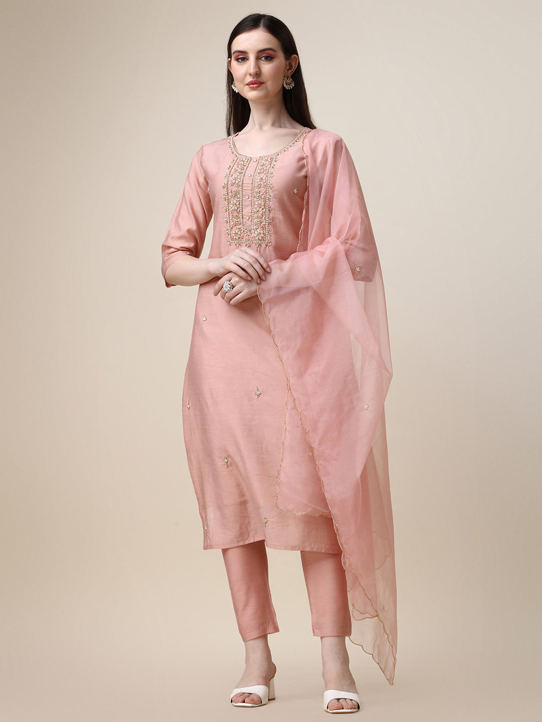 Hand Embroidered Kurta with Pant and Dupatta Set