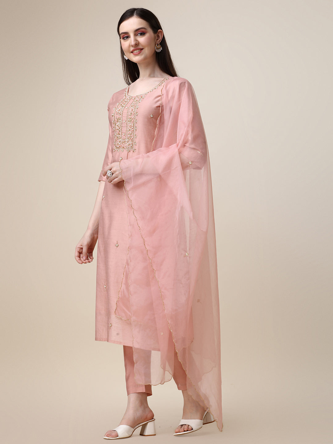 Hand Embroidered Kurta with Pant and Dupatta Set