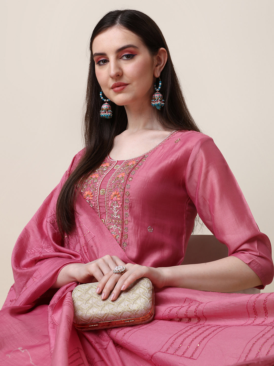 Embroidered Pink Kurta with Pant and Dupatta Set