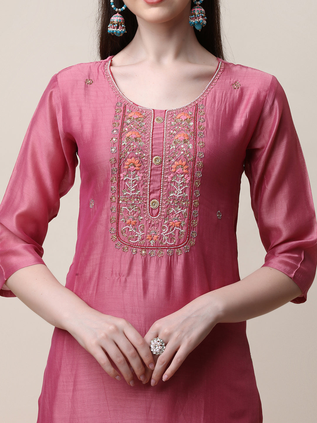 Embroidered Pink Kurta with Pant and Dupatta Set