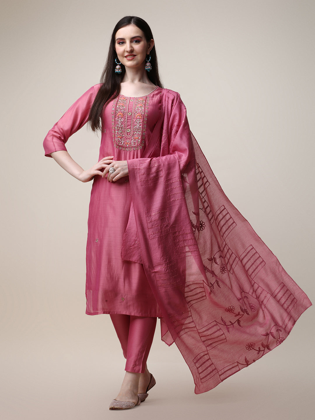 Embroidered Pink Kurta with Pant and Dupatta Set