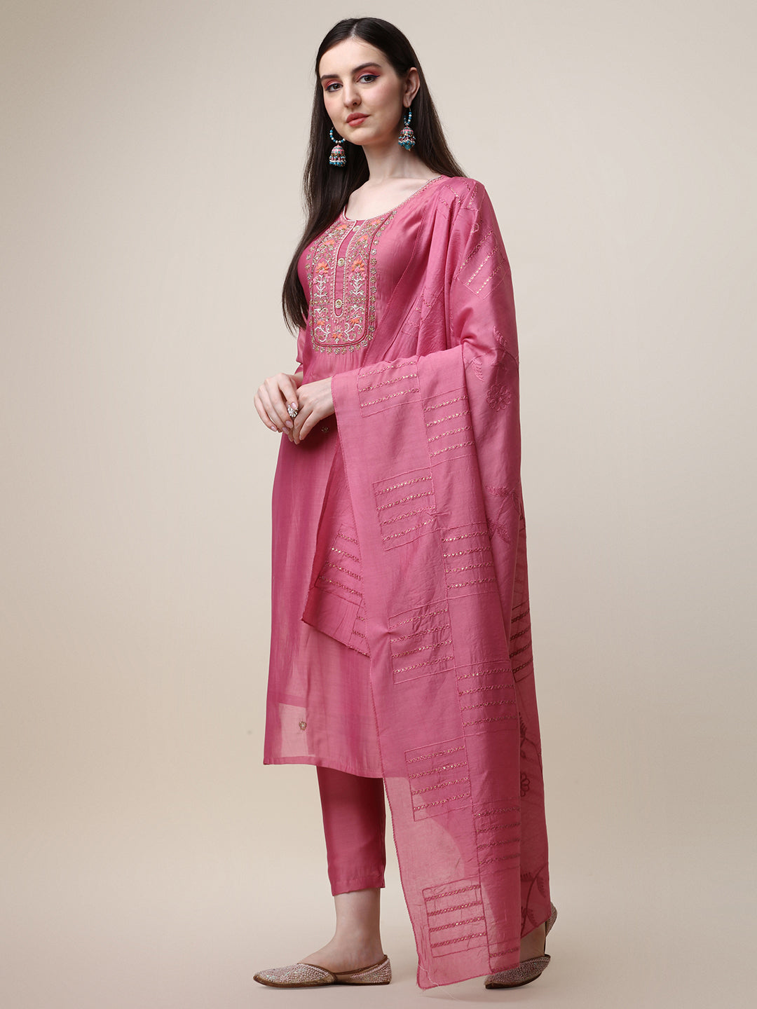 Embroidered Pink Kurta with Pant and Dupatta Set