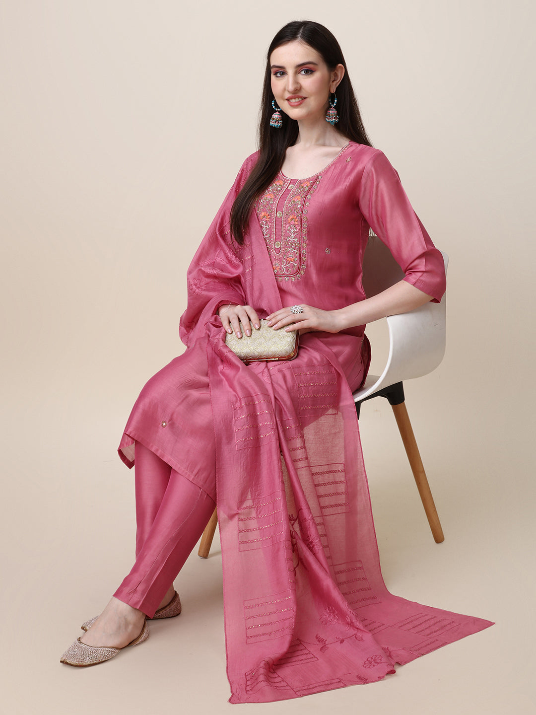 Embroidered Pink Kurta with Pant and Dupatta Set