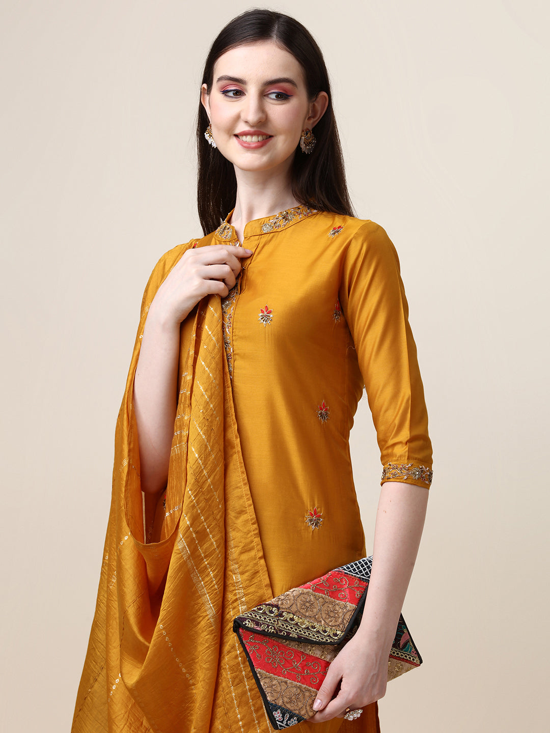 Embroidered Mandarin Collar Kurta with Pant and Dupatta Set