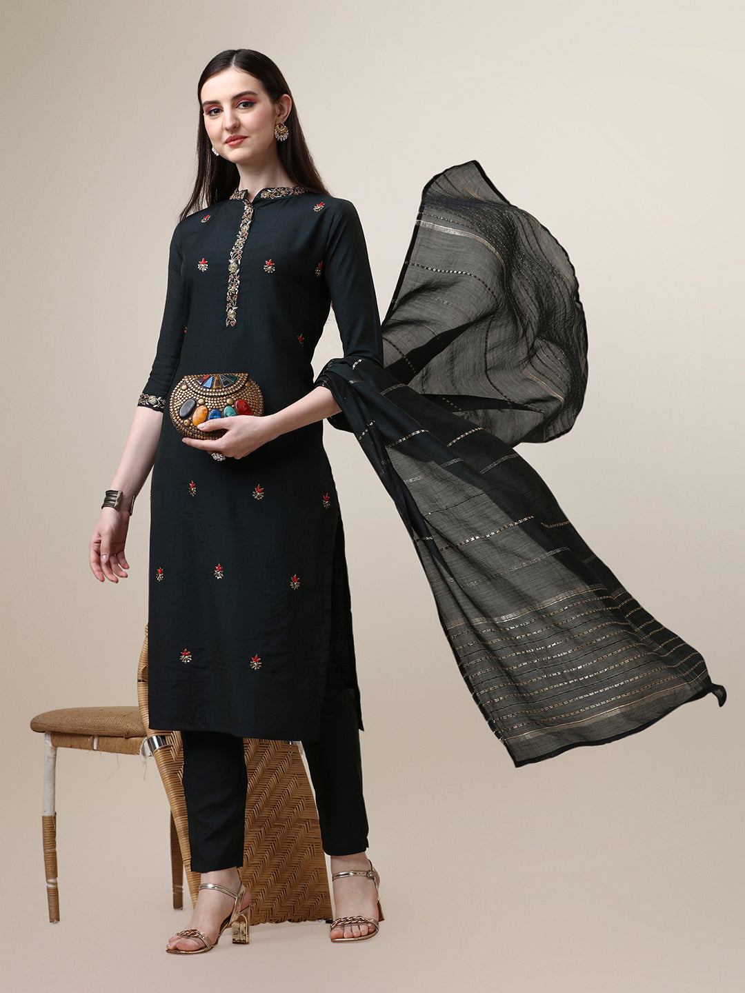 Embroidered Mandarin Collar Kurta with Pant and Dupatta Set