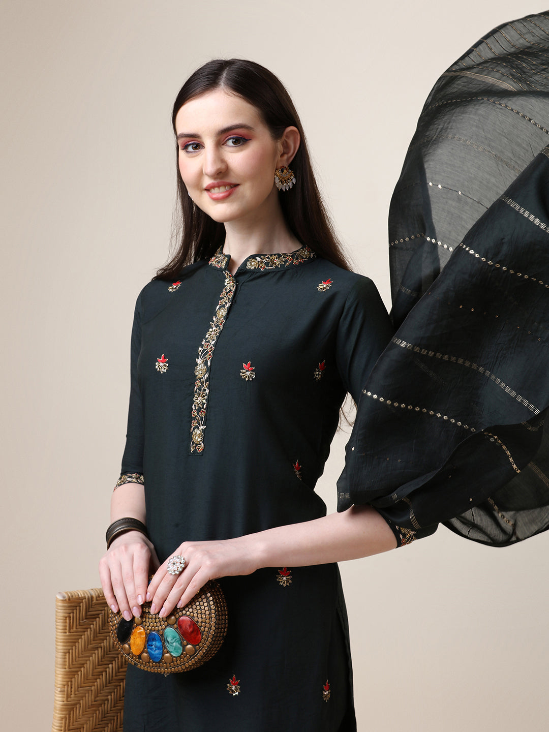 Embroidered Mandarin Collar Kurta with Pant and Dupatta Set