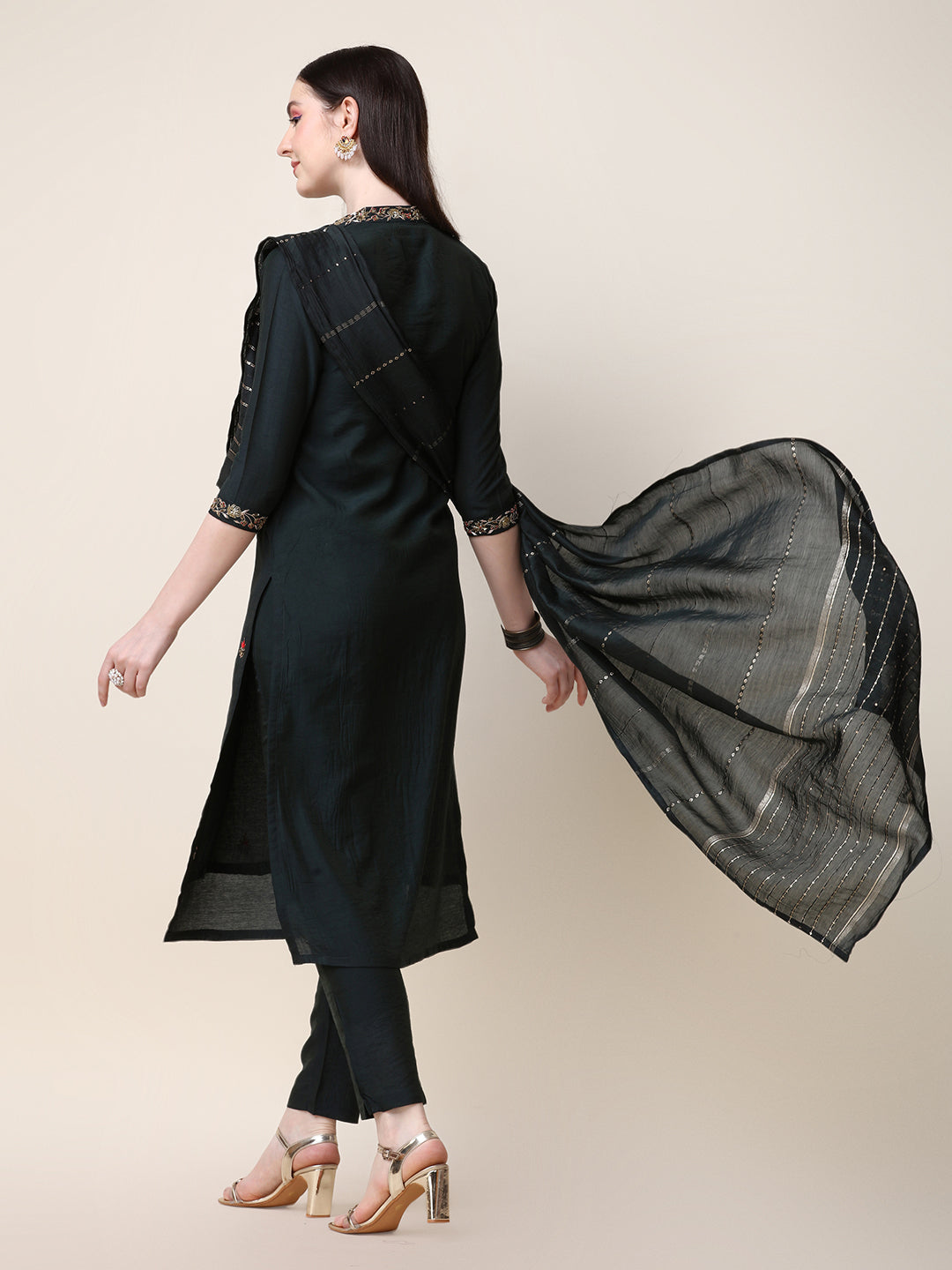 Embroidered Mandarin Collar Kurta with Pant and Dupatta Set