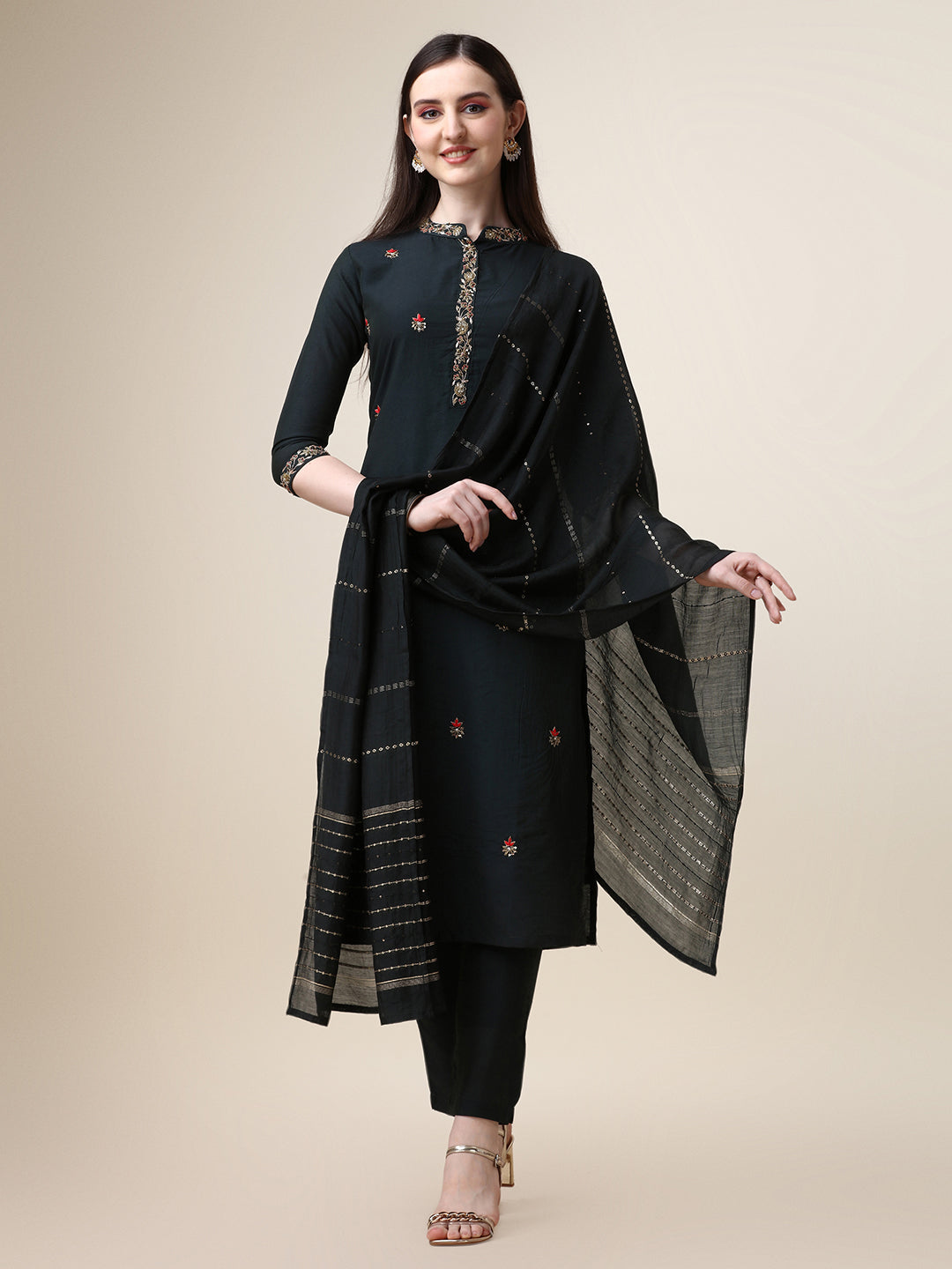 Embroidered Mandarin Collar Kurta with Pant and Dupatta Set