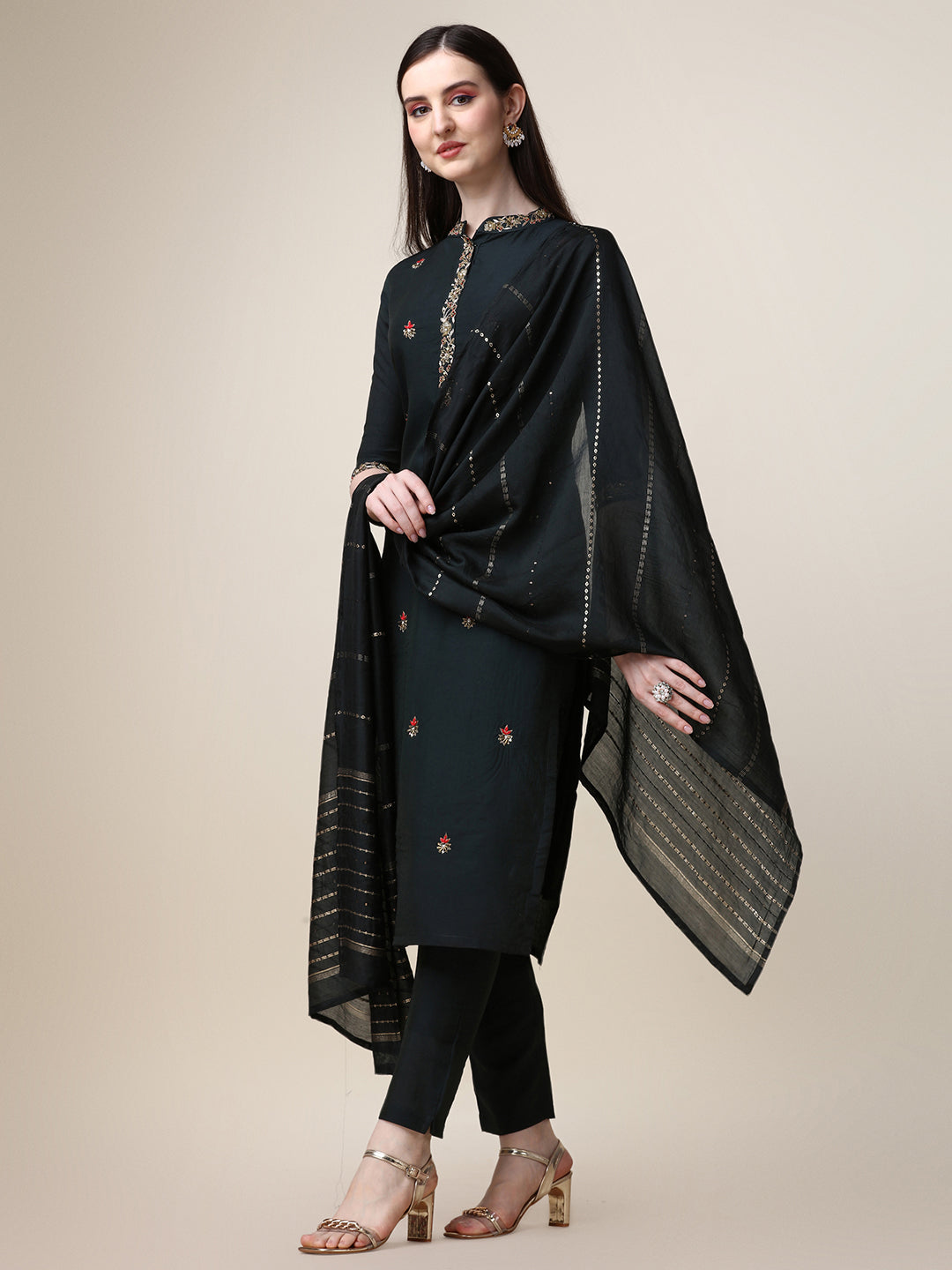 Embroidered Mandarin Collar Kurta with Pant and Dupatta Set