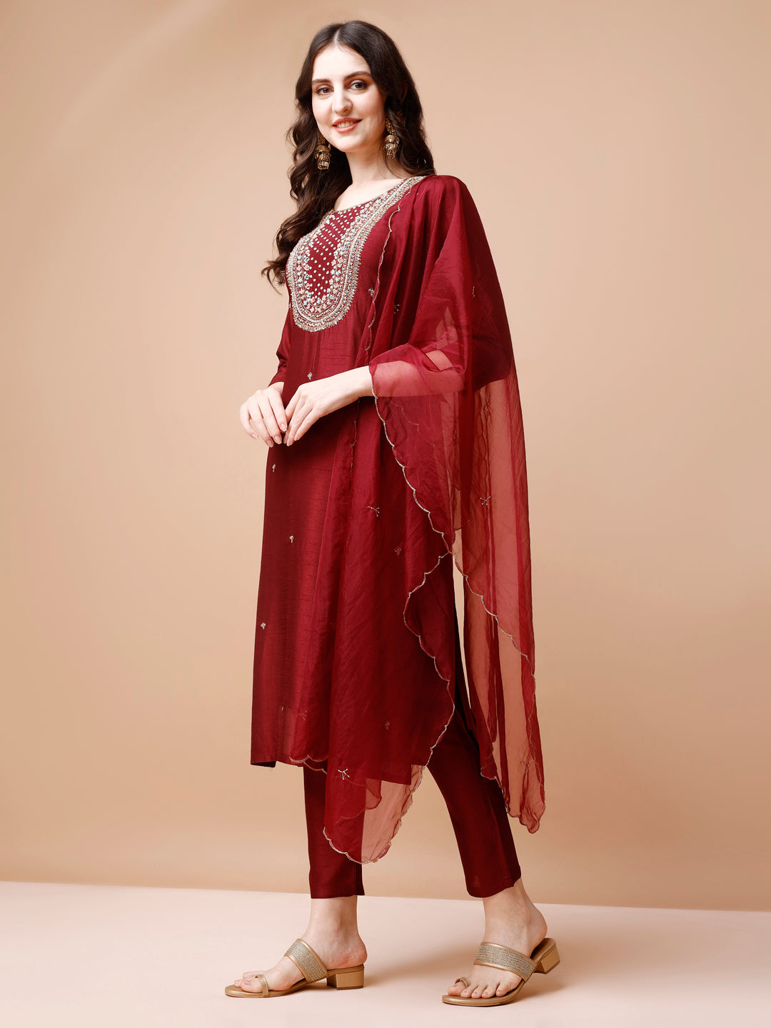 Hand Embroidered Kurta with Pant & organza Dupatta