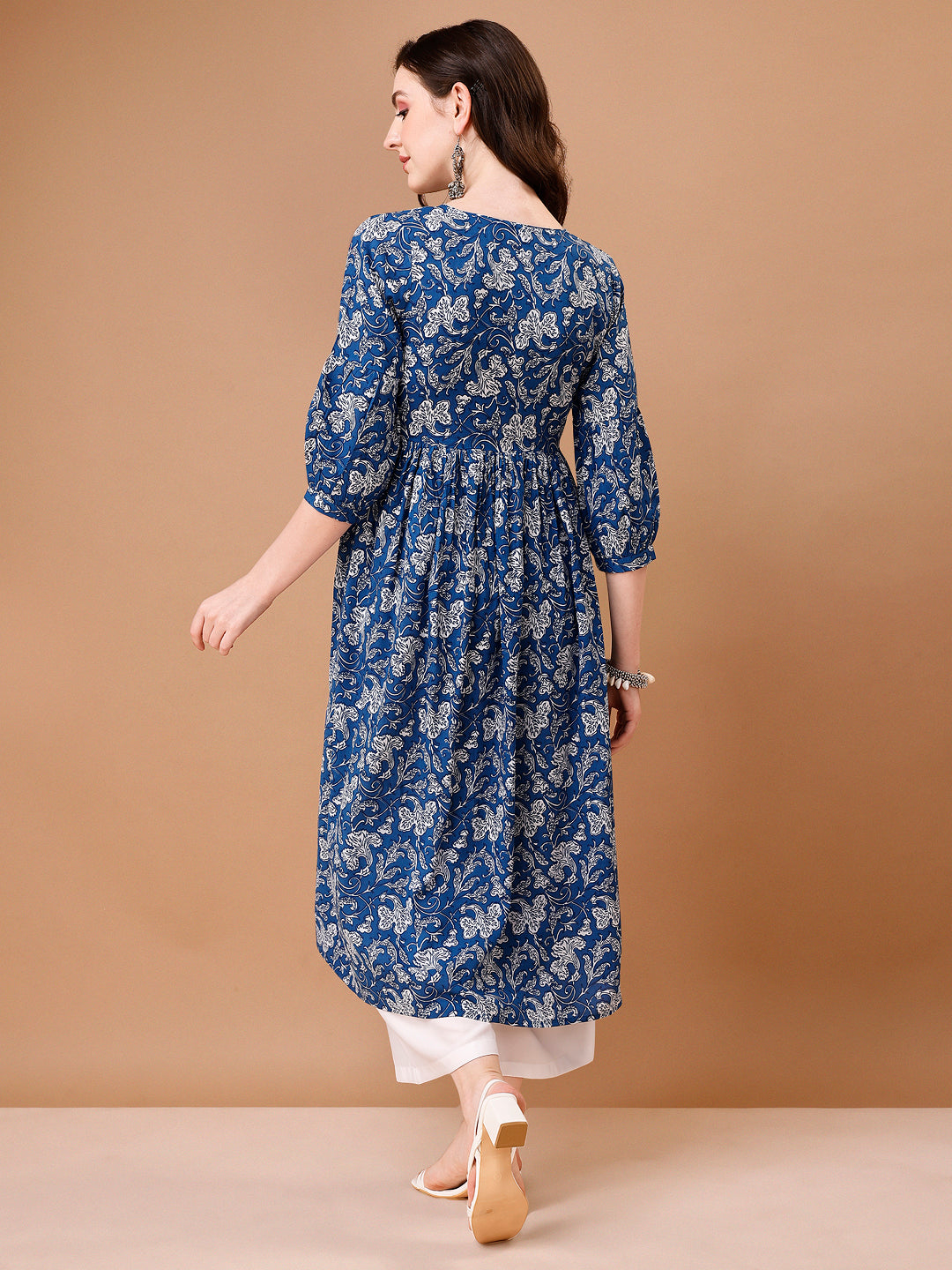 Floral Printed Flared Tie up neck kurta