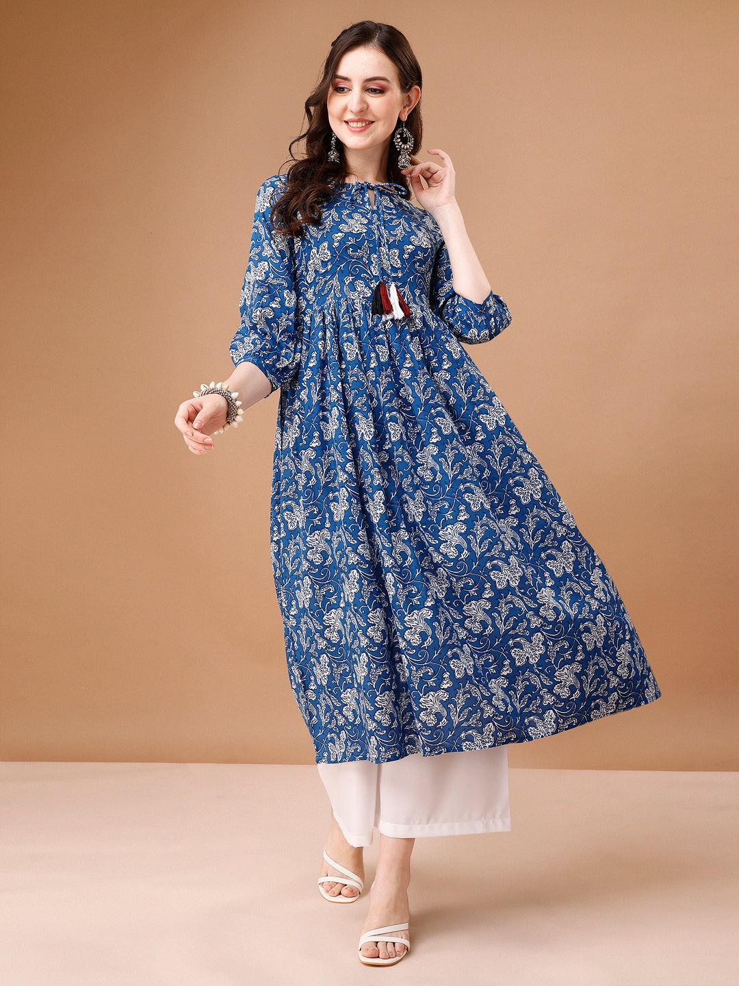 Floral Printed Flared Tie up neck kurta