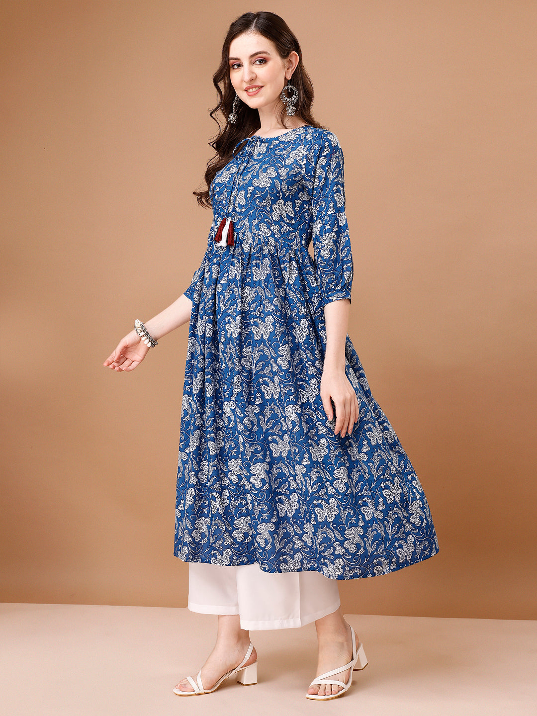 Floral Printed Flared Tie up neck kurta