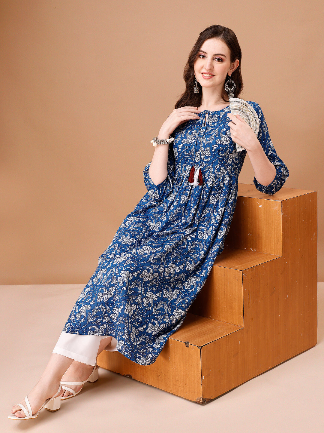 Floral Printed Flared Tie up neck kurta