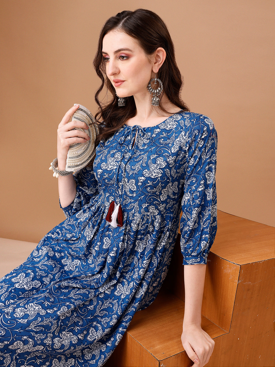 Floral Printed Flared Tie up neck kurta