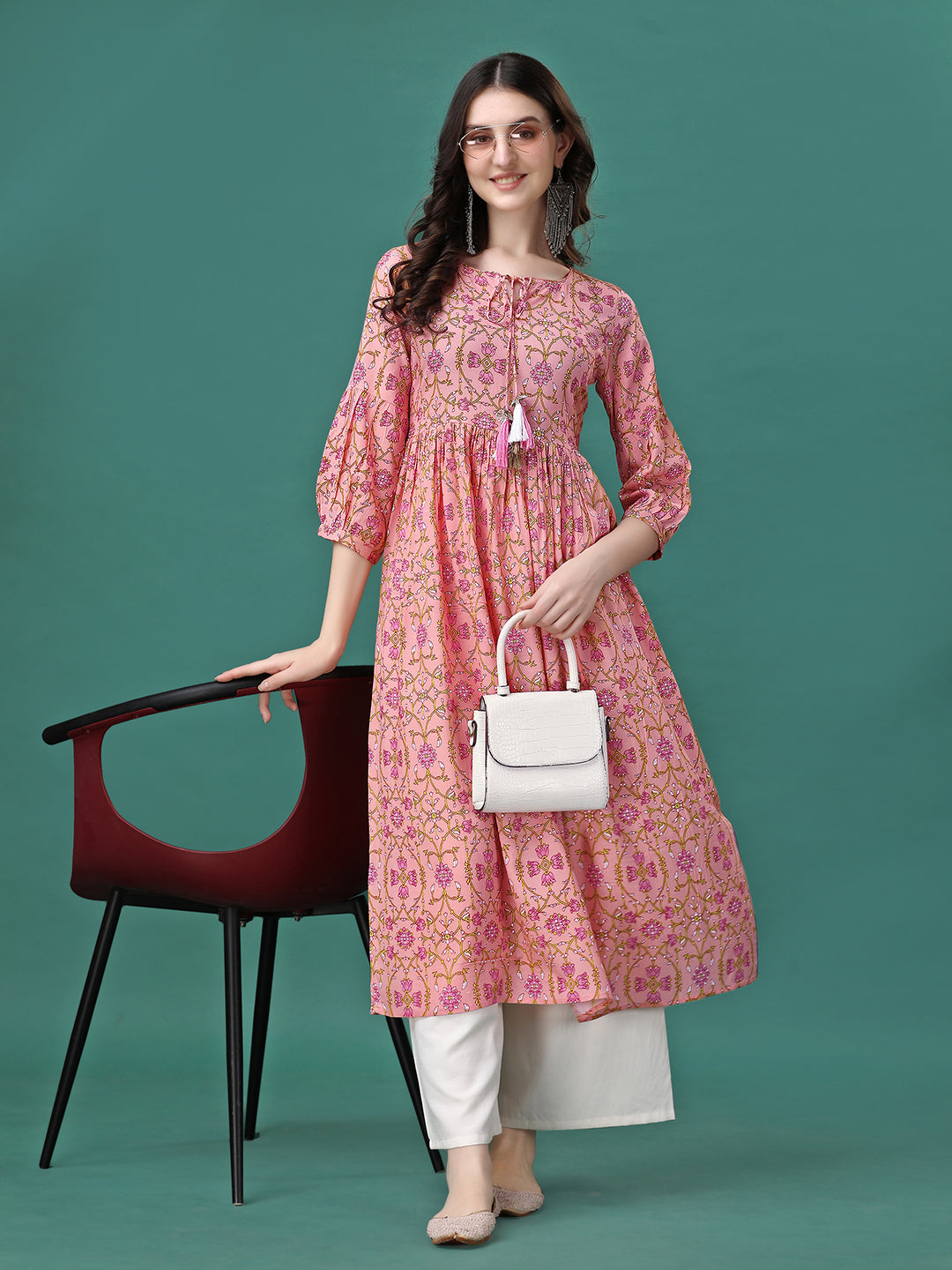 Floral Printed Flared Tie up Neck Kurta