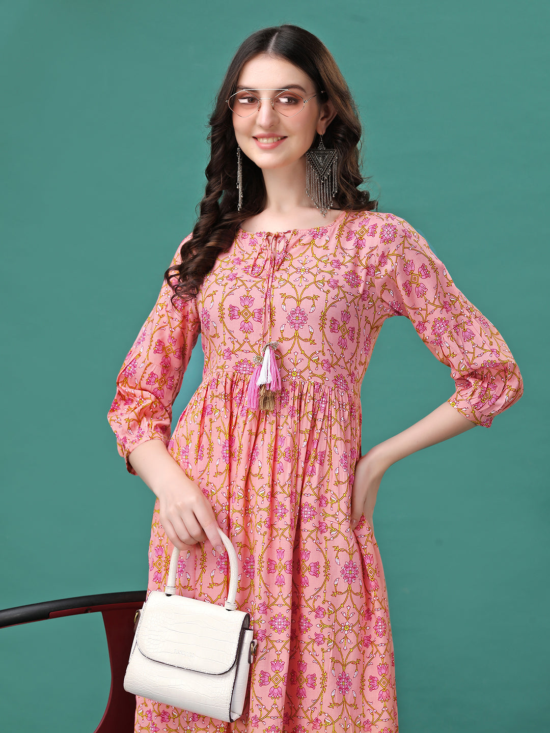 Floral Printed Flared Tie up Neck Kurta