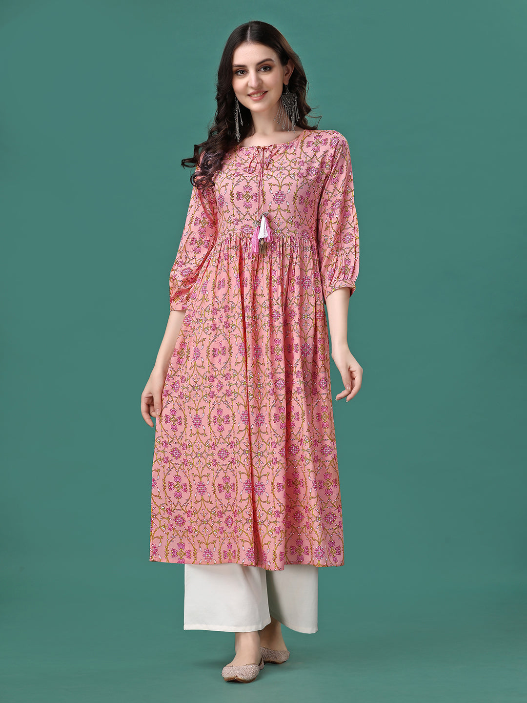 Floral Printed Flared Tie up Neck Kurta