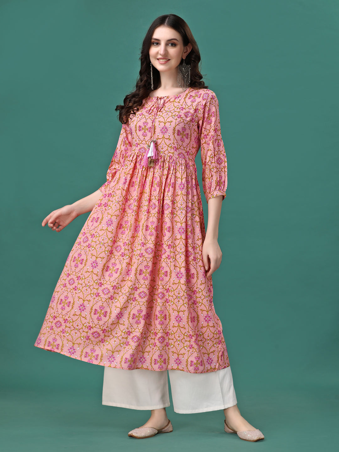 Floral Printed Flared Tie up Neck Kurta